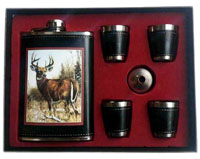 BIG BUCK DEER FLASK SET W FOUR SHOT GLASSES & FUNNEL