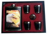 EAGLE W SUNRISE FLASK SET W FOUR SHOT GLASSES & FUNNEL