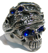 BLUE EYES SKELETON W SKULL HEAD HAT STAINLESS STEEL BIKER RING