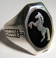 REARING HORSE WITH FEATHER SIDES SILVER DELUXE BIKER RING