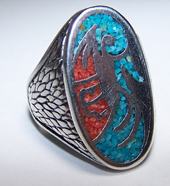 INLAYED NATIVE DRAGON DESIGN SILVER DELUXE BIKER RING