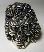 SKULL HEAD WITH ROSE HAIR BIKER RING