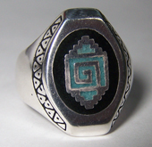 INLAYED NATIVE DESIGN DELUXE SILVER BIKER RING