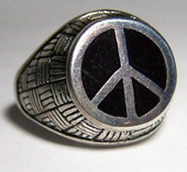 INLAYED BLACK PEACE SIGN DELUXE SILVER BIKER RING - CLOSEOUT 3.75