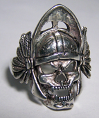 WARRIOR SKULL WITH HELMET SILVER BIKER RING