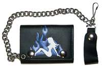 TRUCKER GIRL BLUE FLAMES TRIFOLD LEATHER WALLET W CHIAN