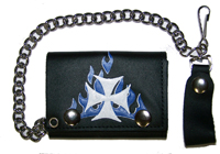 IRON CROSS BLUE FLAMES TRIFOLD LEATHER WALLETS WITH CHAIN