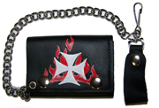 IRON CROSS RED FLAMES TRIFOLD LEATHER WALLETS WITH CHAIN