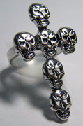 LARGE CROSS SKULL HEADS DELUXE SILVER BIKER RING