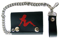 RED MUD FLAP TRUCKER GIRL LEATHER TRI FOLD WALLET W CHAIN