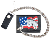 USA FLAG HORSES TRIFOLD LEATHER WALLETS WITH CHAIN
