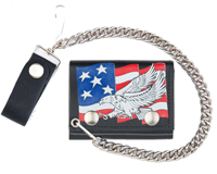 USA FLAG FLYING EAGLE TRIFOLD LEATHER WALLETS WITH CHAIN