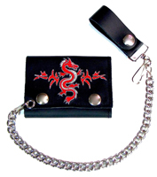 EMBROIDERED CHINESE RED DRAGON LEATHER TRIFOLD WALLET WITH CHAIN