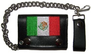 EMBROIDERED MEXICO FLAG LEATHER TRIFOLD WALLET WITH CHAIN