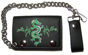 EMBROIDERED CHINESE GREEN DRAGON LEATHER TRIFOLD WALLET W CHAIN