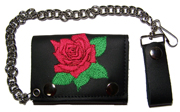EMBROIDERED RED ROSE LEATHER TRIFOLD WALLET W CHAIN