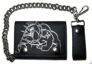 BULL DOG W SPIKED COLLAR LEATHER TRI FOLD WALLET W CHAIN