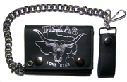 TEXAS LONE STAR BULL & HORNS LEATHER TRI FOLD WALLET W CHAIN