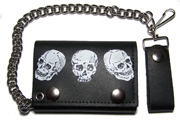 TRIPLE SKULL HEADS LEATHER TRI FOLD WALLET W CHAIN