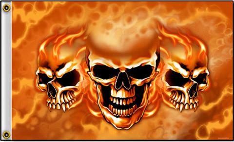 DELUXE TRIPLE SKULL FLAMES 3 x 5 MOTORCYCLE BIKER FLAG