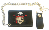 PIRATE SKULL & CROSS BONES TRIFOLD LEATHER WALLET WITH CHAIN