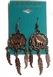 SOLID COPPER HOWLING WOLF DREAM CATCHER DANGLE EARRINGS