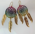 3 INCH METAL DREAM CATCHER RAINBOW DANGLE EARRINGS WITH FEATHERS