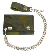 GREEN CAMO CAMOUFLAGE TRIFOLD LEATHER WALLETS WITH CHAIN