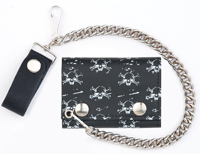 MULTI SKULL AND CROSS BONES  TRIFOLD LEATHER WALLETS WITH CHAIN