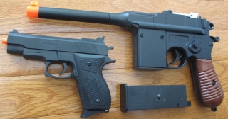 Two Spring Pistol Combo, Large Mauser Pistol with 2 Magazines