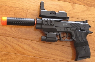 Spring Airsoft PISTOL w/Silencer, Fake Scope, & Red Laser