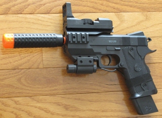 Spring AIRSOFT Pistol with Silencer, Fake Scope, & Red Laser