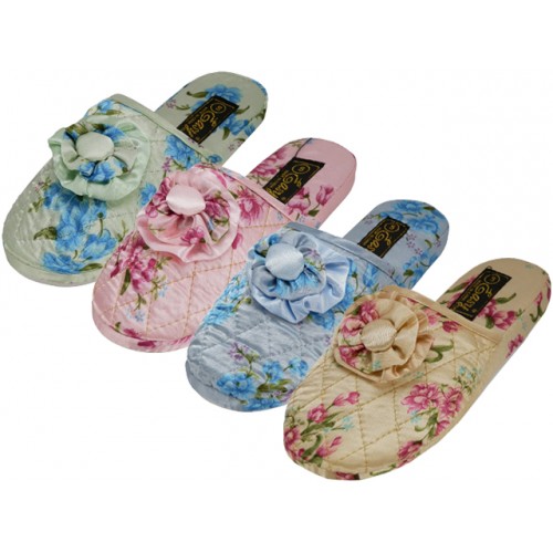 Women's Satin Floral Print Slippers, Footwear, SHOES