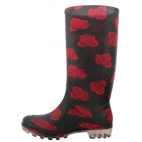 Women's 13'' Red Rosed Print Tall Rain Boots Footwear, SHOES