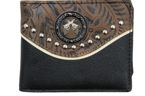 Black Leather Bi-fold WALLET with Crossed Pistols Concho