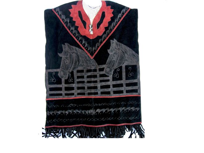 Suede leather PONCHO w/wool