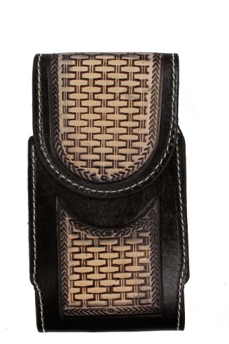 Black Tooled Basket Weave Cell Phone Pouch