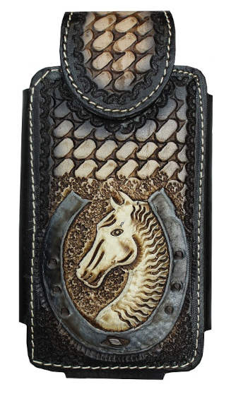 Phone tooled LEATHER case With Horse Shoe Framed Horse Head