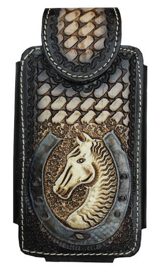 Phone tooled leather case With Horse Shoe Framed Horse Head