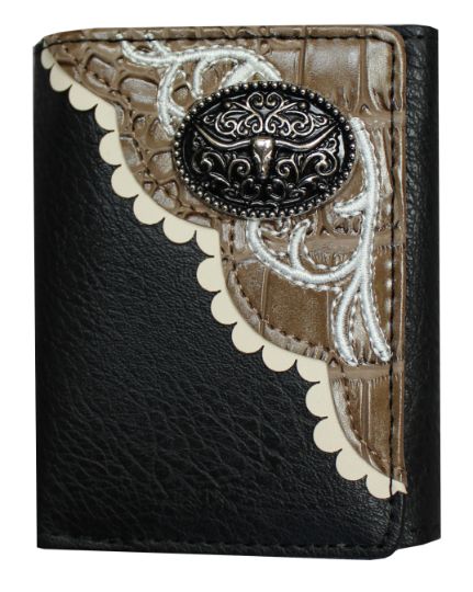 Three Fold Black WALLET with Longhorn Concho