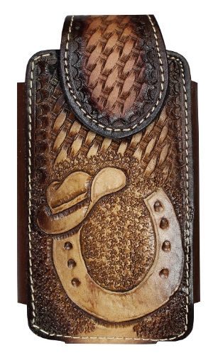 Cellphone Case Tooled Brown Horse Shoe with HAT
