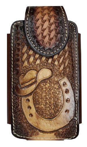 Cellphone Case Tooled Brown HORSE Shoe with hat