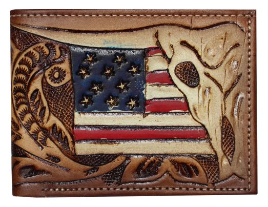 Wallet, Bifold Tooled Longhorn USA FLAG