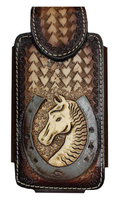 Smart Phone tooled LEATHER case with Horse Shoe Framed Horse Head