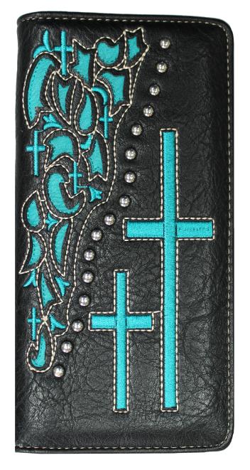 WALLET, Black Checkbook Turquoise Cross