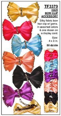Silky fabric BOW HAIR clip with gems in assorted colors