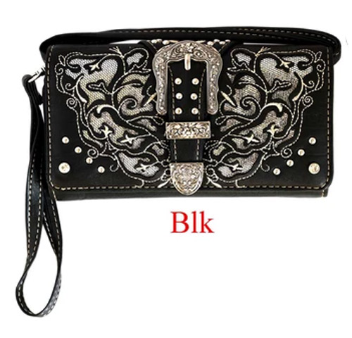 Wholesale Rhinestone BUCKLE Flower Design Wallet Purse Black