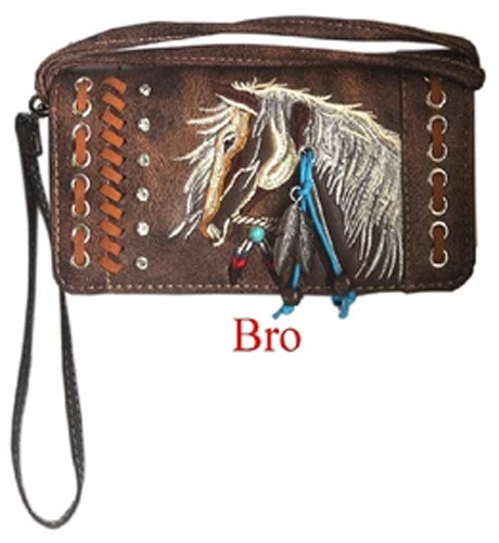 Wholesale Rhinestone WALLET Purse with Horse Embroidery Brown