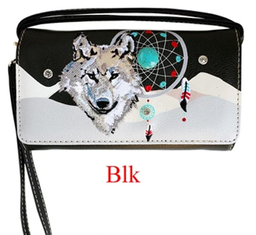 Wholesale Wallet Purse Long STRAP Wolf with Dream Catcher Black