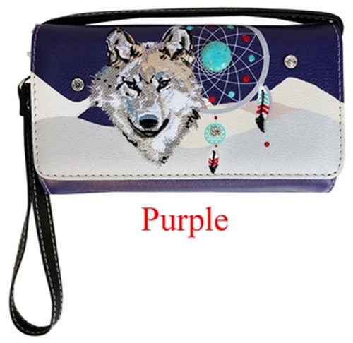 Wholesale WALLET Purse Long Strap Wolf with Dream Catcher Purple